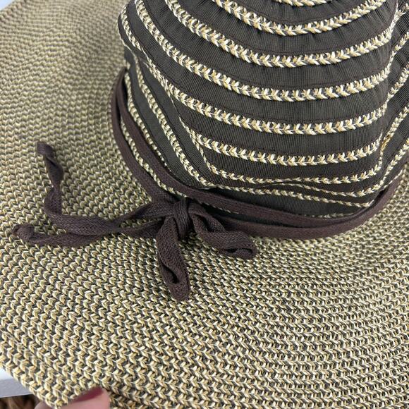 Wide Brim Straw Sun Hat Brown Beige Striped Ribbon Tie Beach Pool Vacation Beach - Picture 3 of 5